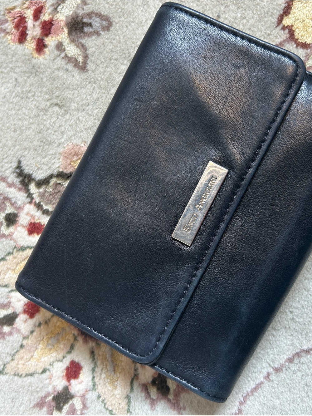 Black Leather Trifold Wallet with Silver Nameplate